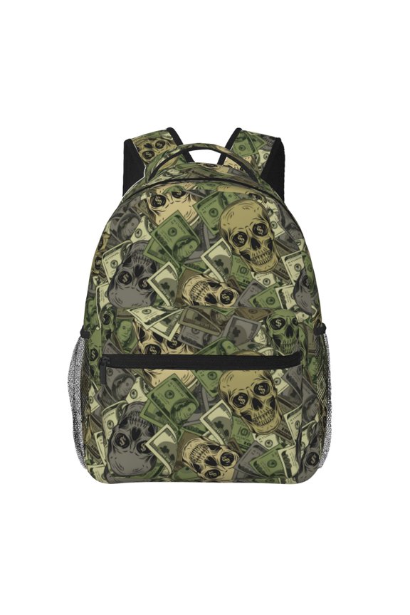 Green Skulls Print Casual Student Backpack, Adjustable Shoulder Straps Multi-Function Multi-Pocket Sports Bag Travel Backpack, Unisex-One Size