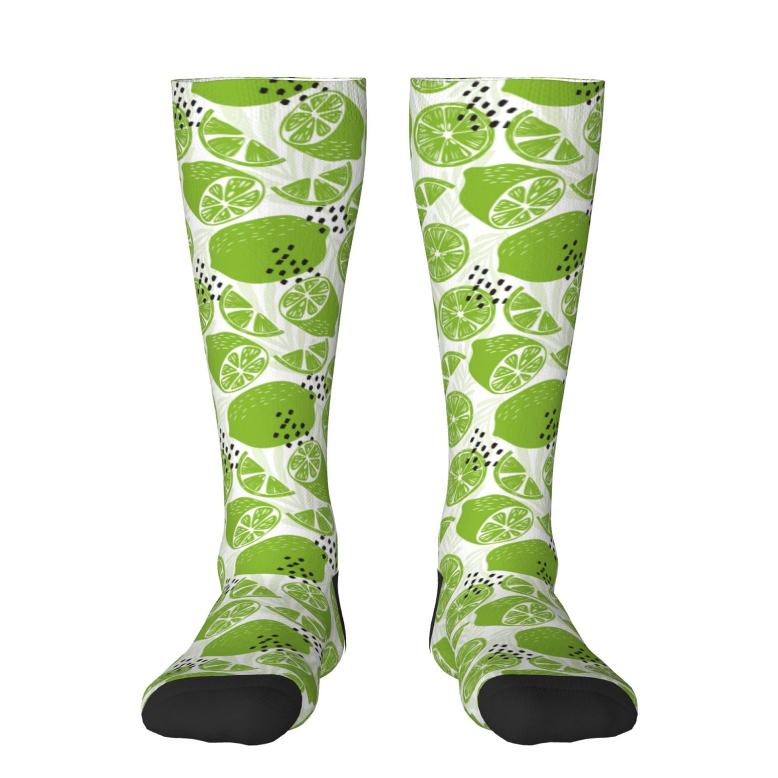 Zufioo Green Various Lemons Print Long High Thigh Socks KneeHigh Warm