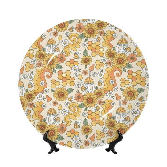 Zufioo Groovy Hippie Flower Mushrooms Print Bone China Decorative Plate, Ceramic Dinner Plate with Stand Ceramic Decoration Homewares-6in