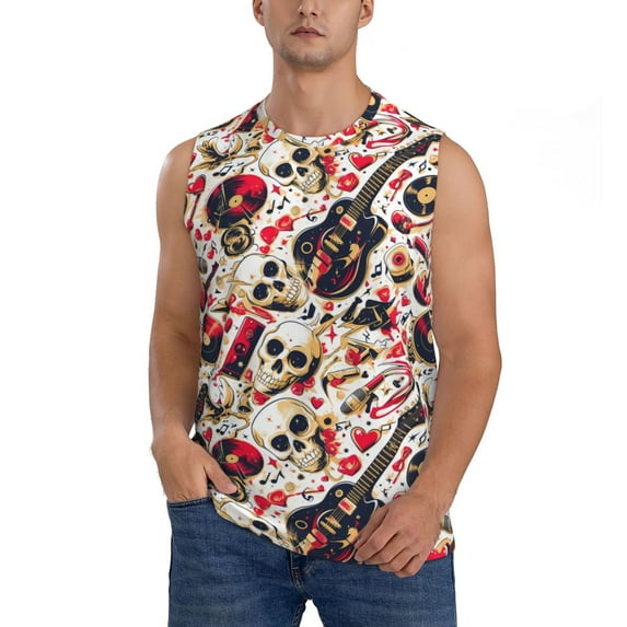 Zufioo Guitar Skull rock Men's Tank Top,Men's Sleeveless Muscle Shirts,Basic Sleeveless T Shirts Casual Active Hipster Tank Top,Moisture Wicking Odor Protection-Medium