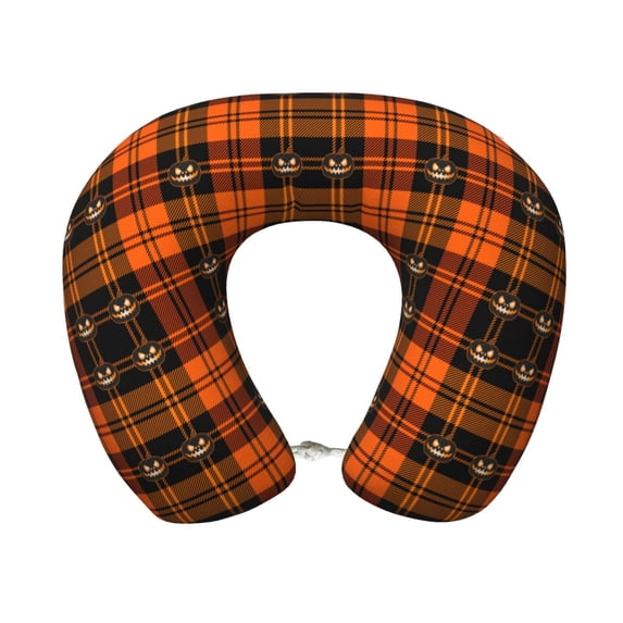 Zufioo Halloween Tartan Plaid for Memory Foam U-shaped Pillow, Buckle and Invisible Zipper Neck Head Support Airplane Pillow for Travel Car Home-One Size