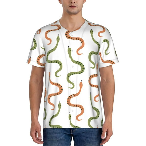Zufioo Hand Drawn Snake Print Men's Baseball Short Sleeve, Moisture Wicking Button-Down Hip Hop Tee-XX-Large