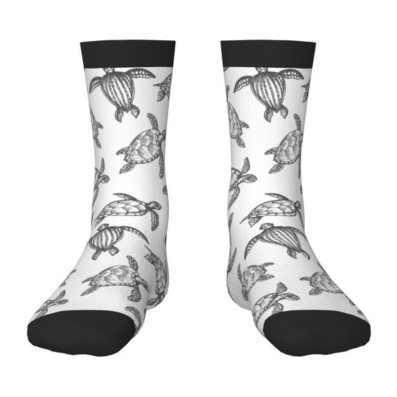 Zufioo Hand Drawn Turtle Print Children's Mid-tube Socks, Contrast Color High Elastic Sports Socks - Sweat-absorbent, Warm, Suitable for Children Aged 6-10