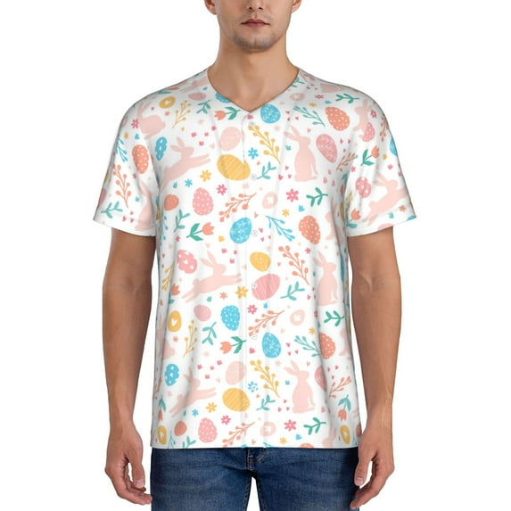 Zufioo Happy Easter Print Men's Baseball Short Sleeve, Moisture Wicking Button-Down Hip Hop Tee-4X-Large