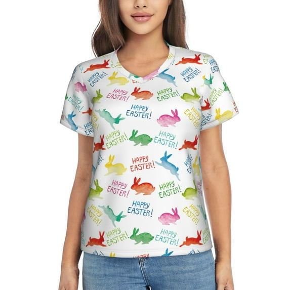 Zufioo Happy Easter Rabbit Print Women's Classic V-neck T-shirt, V-neck Short-sleeved Tops Home Wear, Suitable for Daily Life, Work, Outdoors-Small