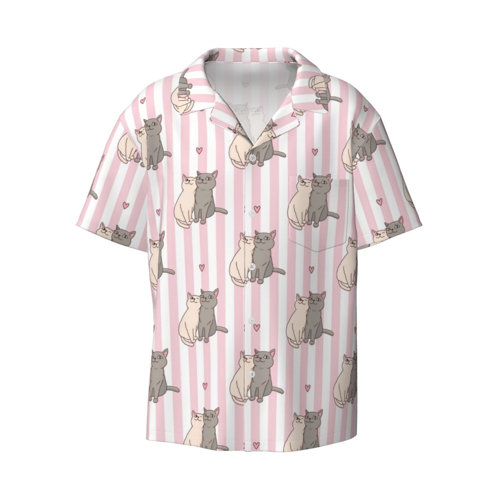 Zufioo Heart Cat Print Mens Button Down Short Sleeve Shirt,Classic