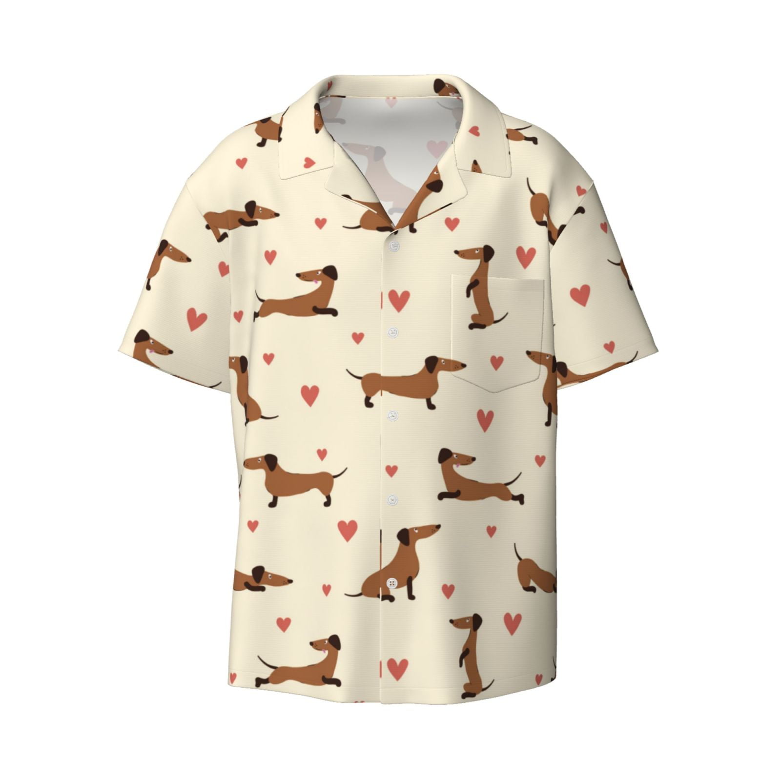 Zufioo Heart Dachshund Print Mens Button Down Short Sleeve Shirt