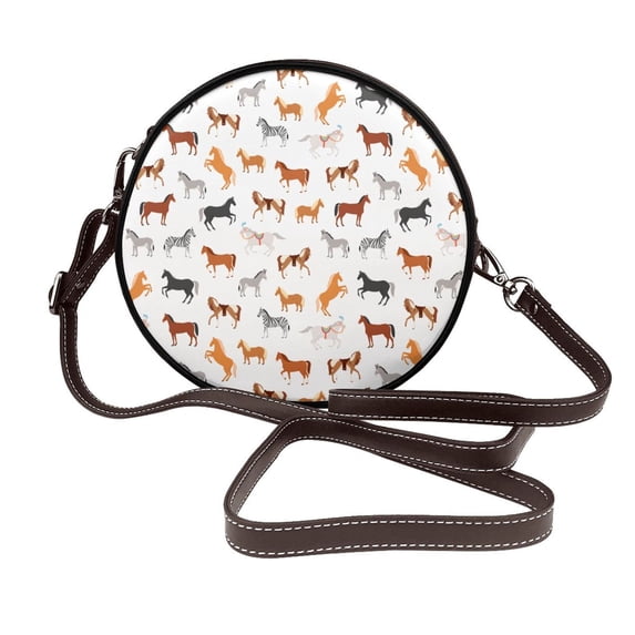 Zufioo Horses Print Leather Shoulder Round Bag, Waterproof Leather Crossbody Bag, Detachable Shoulder Strap and Carrying Loop, Women's Luggage Accessories-One Size