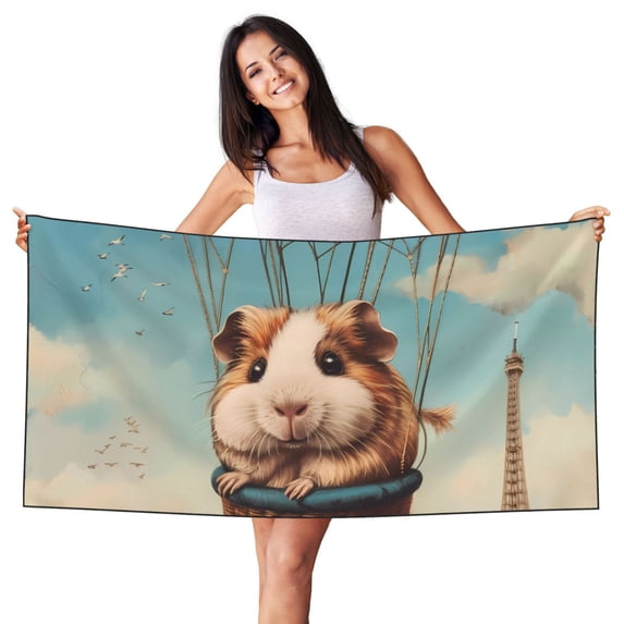 Zufioo Hot Air Balloon Guinea Pig Print Silver Fox Fleece Beach Towel 27.5x55in, Super Absorbent Bath Towel, Suitable for Adult Beach, Swimming Pool and Home Use-One Size
