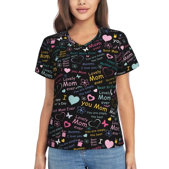 Zufioo I love you Mom Print Women's Classic V-neck T-shirt, V-neck Short-sleeved Tops Home Wear, Suitable for Daily Life, Work, Outdoors-XX-Large