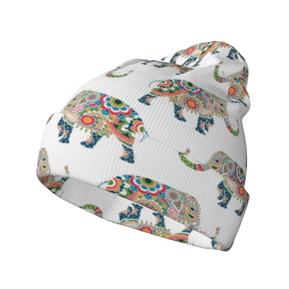 Zufioo Indian Elephant Print Adult Knitted Hat, Unisex Cuffed Brimless Ski Hat, Suitable for Autumn and Winter
