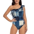 thumbnail image 1 of Zufioo Indigo Patchwork Quilt Print One-shoulder Ruffled One-piece Swimsuit, High Elastic Integrated Removable Chest Pad Swimsuit Suitable for Beach, Pool and Vacation-X-Large, 1 of 6