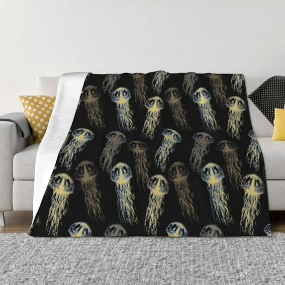 Zufioo Jellyfish Print Horizontal Flannel Blanket, Anti-wrinkle, Anti-shrinkage, Anti-allergic Plush Blanket, Household Items Suitable for Bedroom-50"x40"