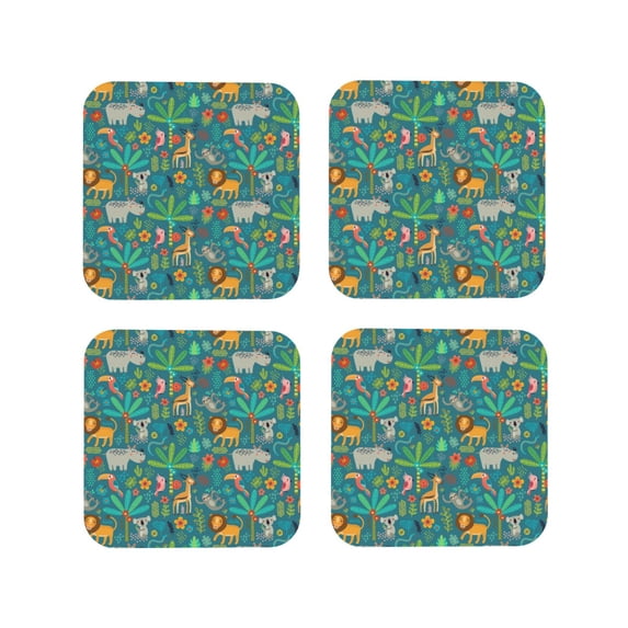 Zufioo Jungle Animals Print Leather Coaster Set, Decorative PVC Coasters 4-pack - Scald and Stain-resistant, Suitable for Home, Cafes, Restaurants-Square