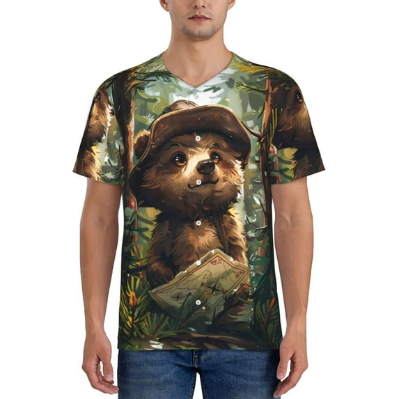 Zufioo Jungle Hat Bear Print Men's Baseball Short Sleeve, Moisture Wicking Button-Down Hip Hop Tee-Large