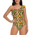 thumbnail image 1 of Zufioo Kittens With Maple Leaves Print One-shoulder Ruffled One-piece Swimsuit, High Elastic Integrated Removable Chest Pad Swimsuit Suitable for Beach, Pool and Vacation-Medium, 1 of 6