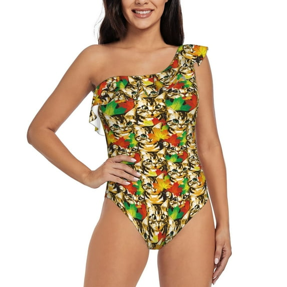 Zufioo Kittens With Maple Leaves Print One-shoulder Ruffled One-piece Swimsuit, High Elastic Integrated Removable Chest Pad Swimsuit Suitable for Beach, Pool and Vacation-Medium
