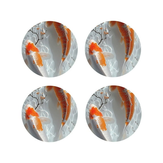 Zufioo Koi Fish Water Print Leather Coaster Set, Decorative PVC Coasters 4-pack - Scald and Stain-resistant, Suitable for Home, Cafes, Restaurants-Round Shape