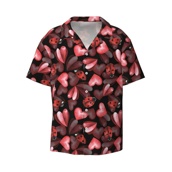 Zufioo Ladybugs and Red Hearts Print Mens Button Down Short Sleeve Shirt,Classic Plaid Shirt,Mens Accessories Fashion Shirt-Small