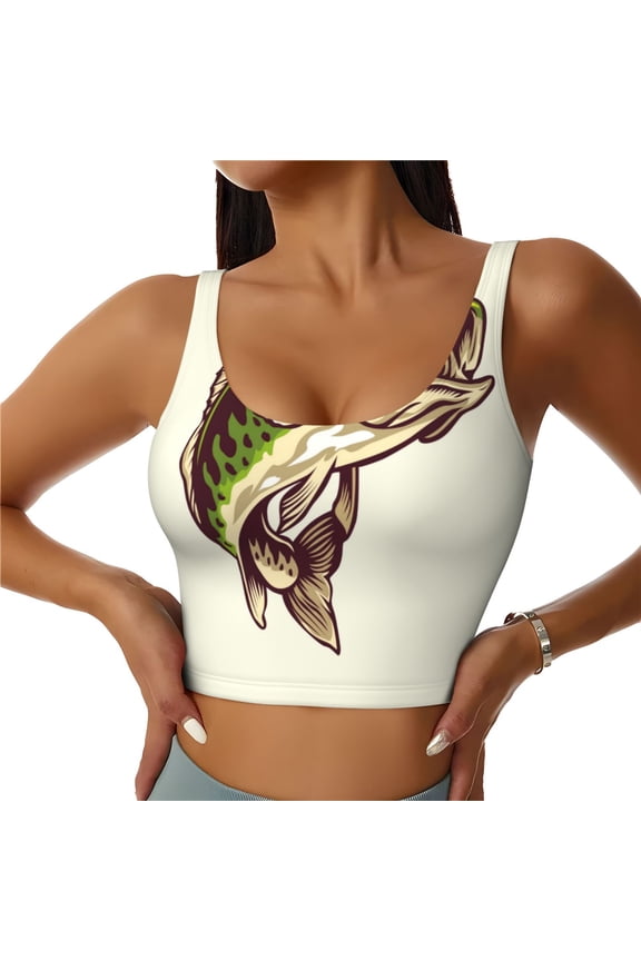 Largemouth Bass Fish (3) Print Women's Sports Vest, U-shaped Removable Chest Pad Sports Backless Top, Suitable for Fitness and Bodybuilding, Leisure and Daily Life-Medium