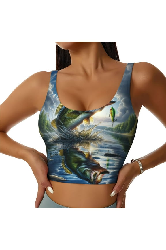 Largemouth Bass Jumping Out of The Water Print Women's Sports Vest, U-shaped Removable Chest Pad Sports Backless Top, Suitable for Fitness and Bodybuilding, Leisure and Daily Life-Large