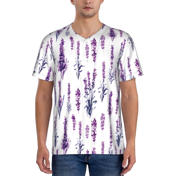 Zufioo Lavender Flowers Print Men's Baseball Short Sleeve, Moisture Wicking Button-Down Hip Hop Tee-Small