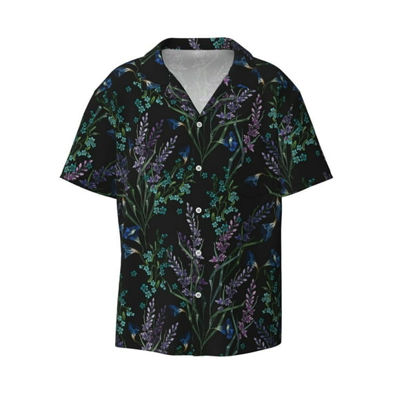 Zufioo Lavender Flowers Print Mens Button Down Short Sleeve Shirt,Classic Plaid Shirt,Mens Accessories Fashion Shirt-Medium