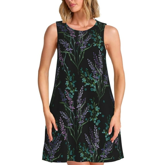 Zufioo Lavender Flowers Print Women's Dress, Round Neck Long Sleeveless Dress, Summer Clothing Suitable for Leisure, Beach, Work