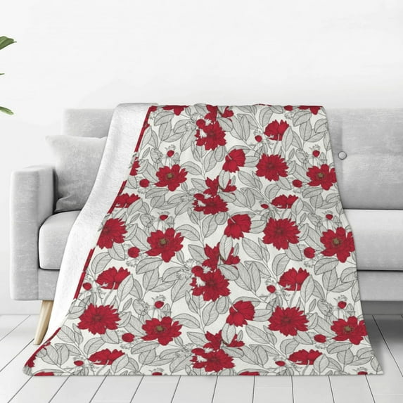 Zufioo Leaves And Anemone Flowers In Red Grey Fleece Blanket Queen Size,Plush Bed Blanket,Ultra Soft Throw Blanket,Plush Fuzzy Cozy Blanket Perfect for Bed,Couch-60"x50"