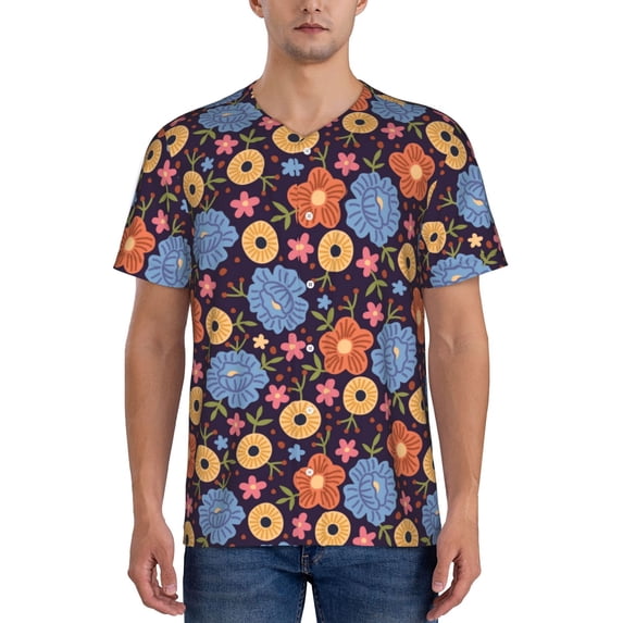 Zufioo Leaves Flower Print Men's Baseball Short Sleeve, Moisture Wicking Button-Down Hip Hop Tee-X-Large