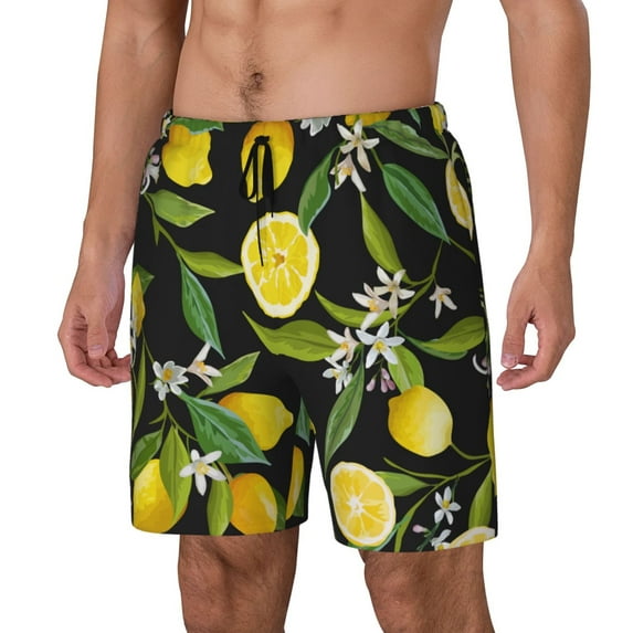 Zufioo Lemon Fruits Flowers Leaves Mens Swimsuit Trunks with Compression Liner,Quick Dry Sports suit,Beach Board Shorts with Pockets,Bathing Suits-Small