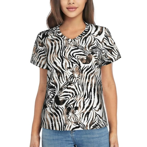 Zufioo Leopard And Zebra Print Women's Classic V-neck T-shirt, V-neck Short-sleeved Tops Home Wear, Suitable for Daily Life, Work, Outdoors-Medium