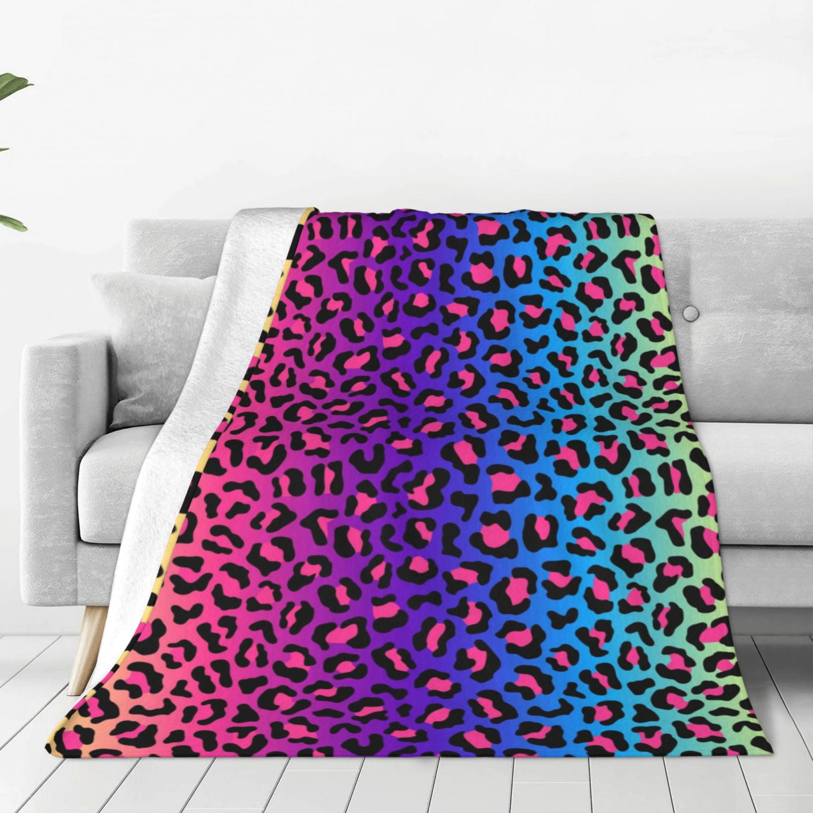 Zufioo Leopard Neon Rainbow Gradient Fleece Blanket Queen Size,Plush
