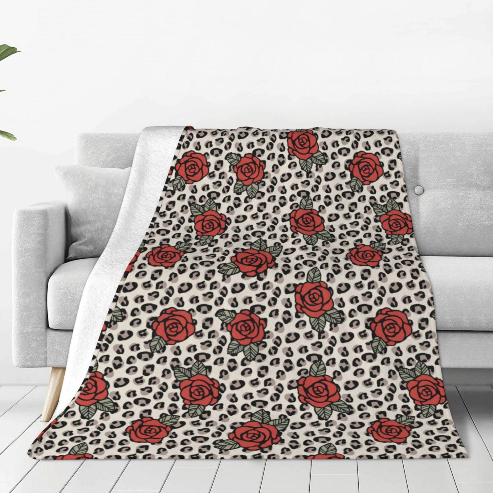 Zufioo Leopard Print Rose Fleece Blanket Queen Size,Plush Bed Blanket