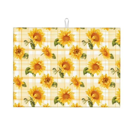 Zufioo Light Yellow Plaid Sunflower Print Microfiber Dish Drying Mat, 18x24 Inch Water Absorbent Non-Slip Mat for Kitchen, Dining Room, Bar Counter