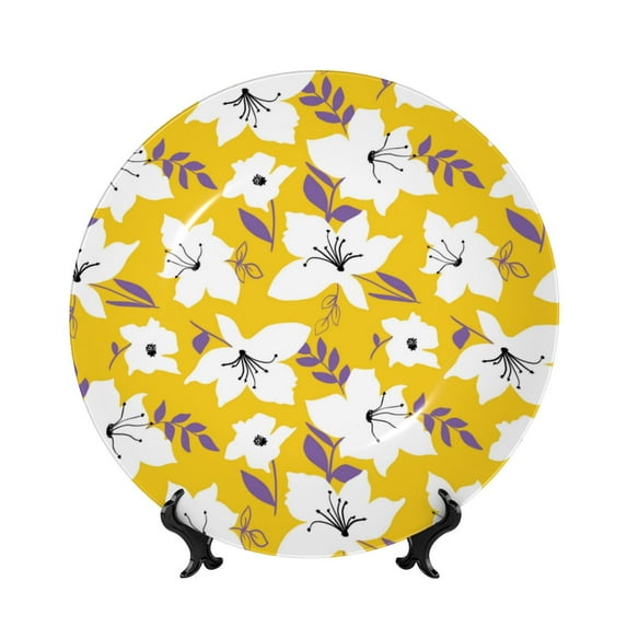 Zufioo Lilies Flowers Print Bone China Decorative Plate, Ceramic Dinner Plate with Stand Ceramic Decoration Homewares-8in