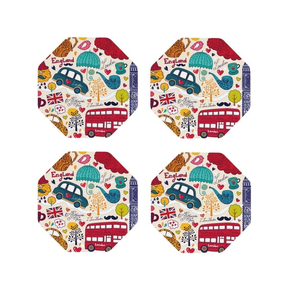 Zufioo London Symbols Print Leather Coaster Set, Decorative PVC Coasters 4-pack - Scald and Stain-resistant, Suitable for Home, Cafes, Restaurants-Octagon