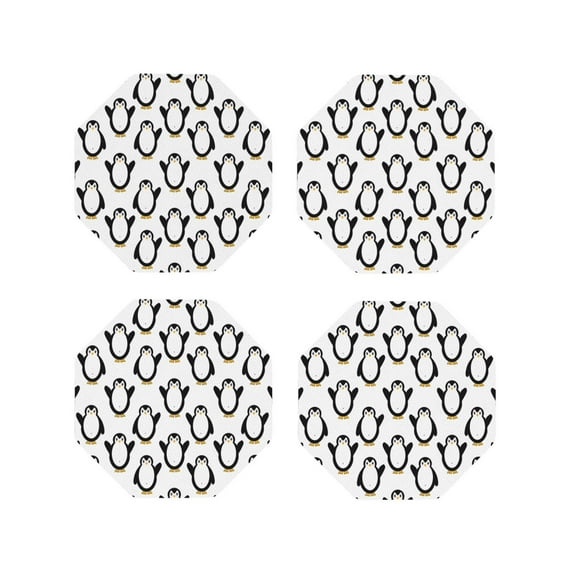 Zufioo Lovely Penguin Print Leather Coaster Set, Decorative PVC Coasters 4-pack - Scald and Stain-resistant, Suitable for Home, Cafes, Restaurants-Octagon