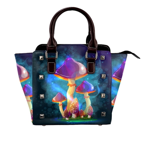 Zufioo Magic Mushrooms ,Fireflies Print Leather Rivet Shoulder Bag, Microfiber PU Leather Adjustable Shoulder Strap Handbag, Ideal Gift for Women-One Size