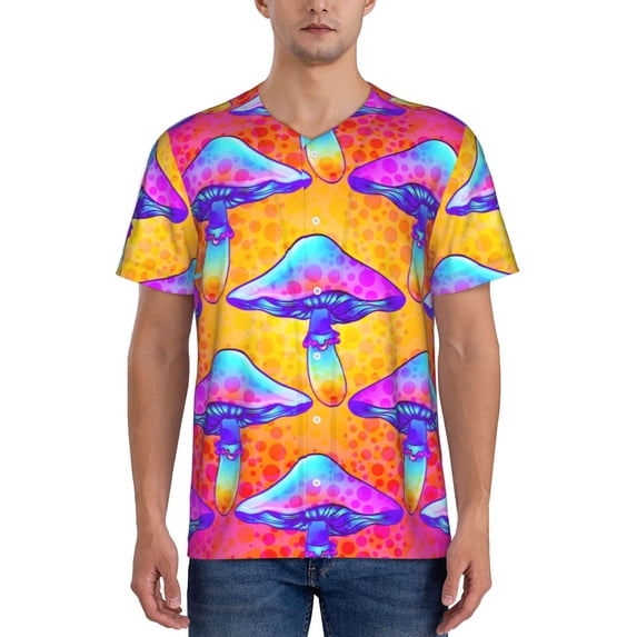 Zufioo Magic Mushrooms Print Men's Baseball Short Sleeve, Moisture Wicking Button-Down Hip Hop Tee-Medium
