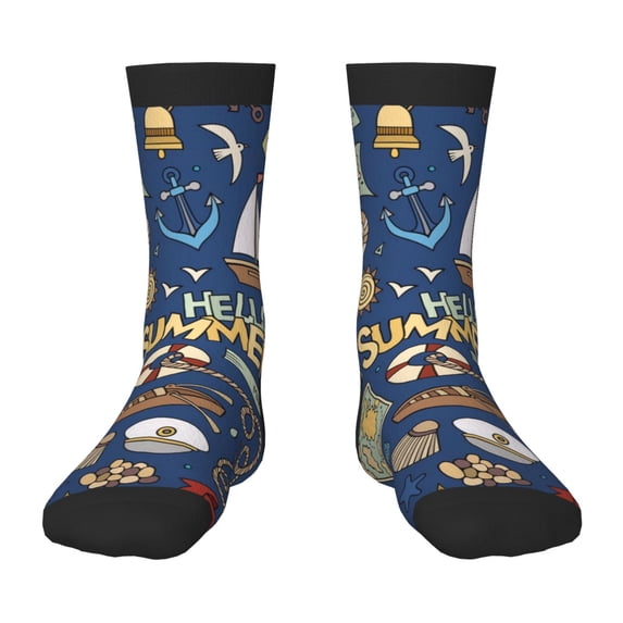 Zufioo Marine Nautical Print Children's Mid-tube Socks, Contrast Color High Elastic Sports Socks - Sweat-absorbent, Warm, Suitable for Children Aged 6-10