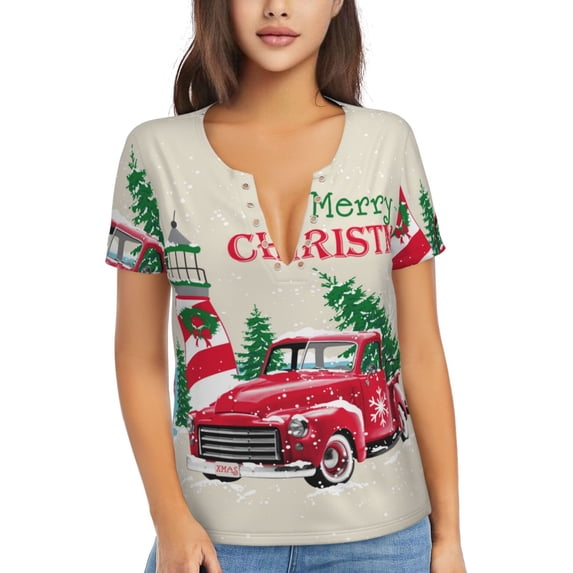 Zufioo Merry Christmas 1 for Women's Deep V-neck Short-sleeved T-shirt, Top with Short Sleeves - with Stainless Steel Buckle, Moisture Wicking, Ideal Home Wear-X-Large
