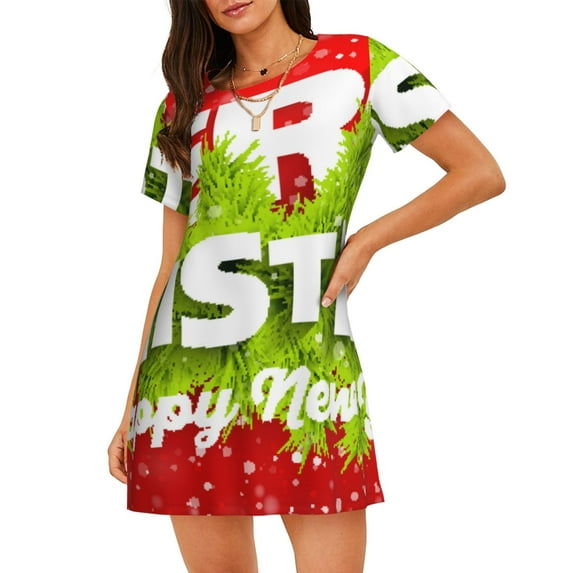 Zufioo Merry Christmas Print Women's Nightgown, Round Neck Short-sleeved Pajamas, Home Wear Suitable for Home and Outing
