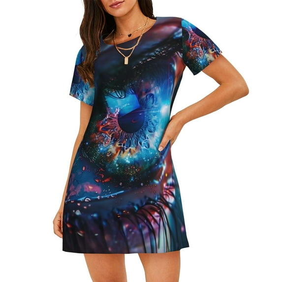 Zufioo Modern Colorful Eyes Print Women's Nightgown, Round Neck Short-sleeved Pajamas, Home Wear Suitable for Home and Outing