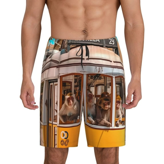 Zufioo Modern Urban Monkey Print Men's Short Pajamas, Home Wear Pocket Summer Pajamas-Large