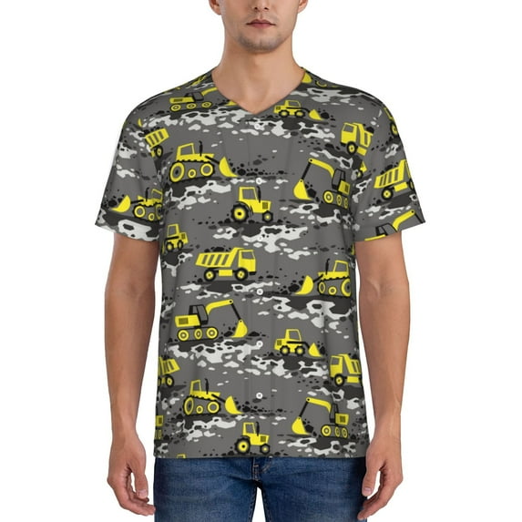 Zufioo Modern Yellow Excavator Print Men's Baseball Short Sleeve, Moisture Wicking Button-Down Hip Hop Tee-Large