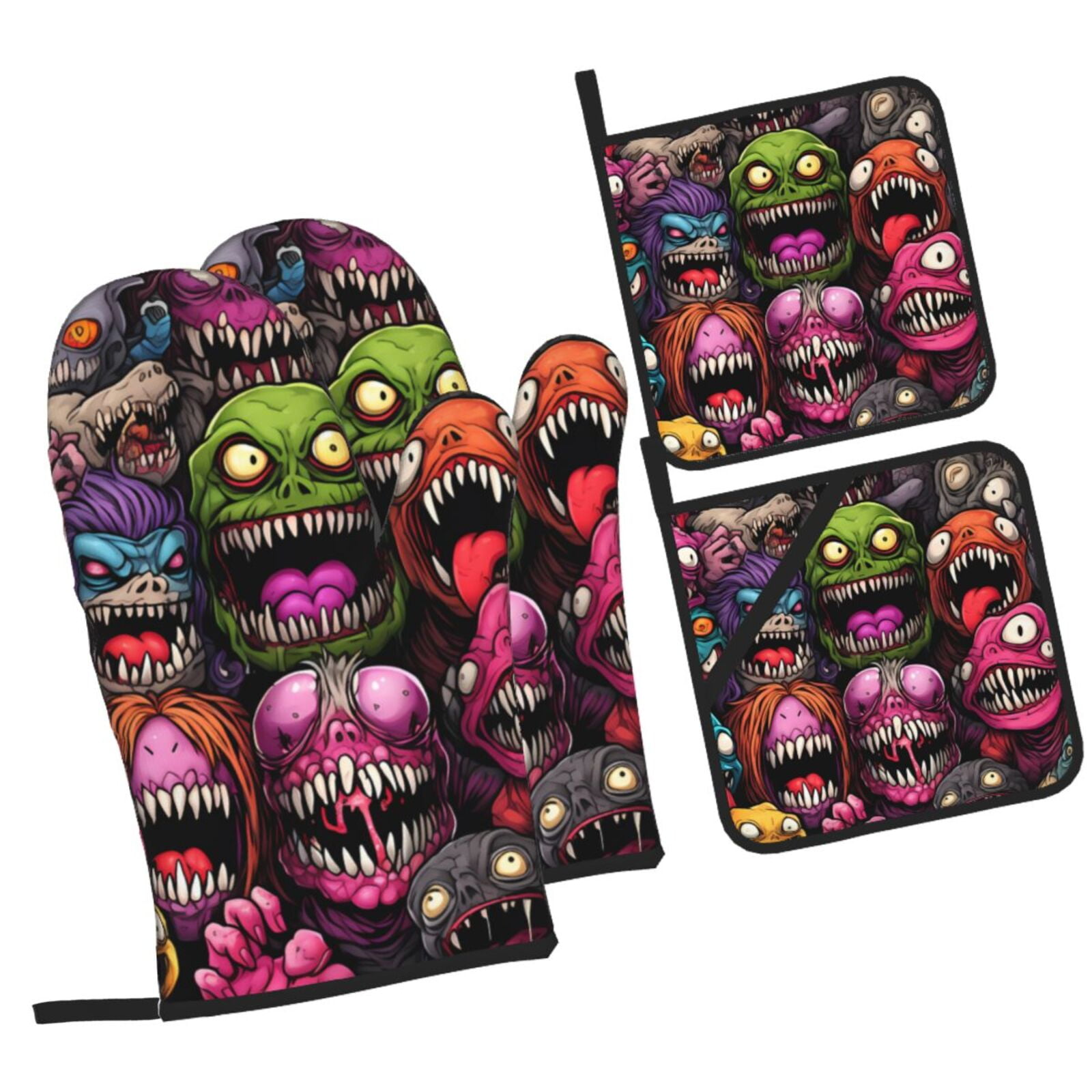 Zufioo Monstrous Cartoon Characters Oven Mitts and Pot Holders 4pcs Set