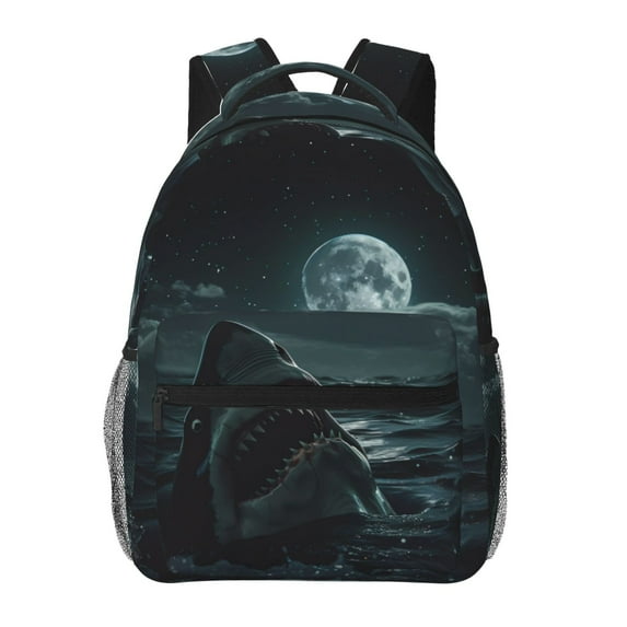 Zufioo Moonlit Night Sky Shark Print Casual Student Backpack, Adjustable Shoulder Straps Multi-Function Multi-Pocket Sports Bag Travel Backpack, Unisex-One Size