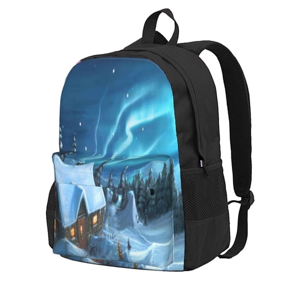Zufioo Mountain Cottage In Snow Pattern Adult Backpack,Wear-resistant and Breathable Multi-pocket Backpack, Suitable for Travel, Business and Outdoor Activities