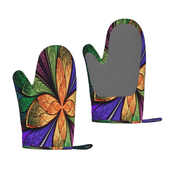 Zufioo Multicolored Beautiful Flower1 Print Silicone Anti-Scalding Gloves, Kitchen Hanging Rope Gloves, Kitchen Utensils Suitable for Barbecue, Baking, Cooking